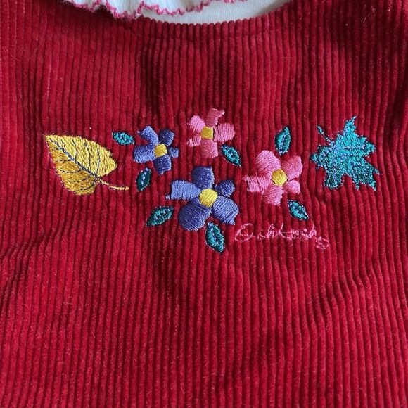 Vintage 80s Oshkosh Corduroy Jumper Dress & Top 6 Red Embroidered Flower - Picture 7 of 14